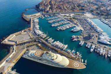 Aerial view of Marina Portvell showcasing superyacht Dilbar.