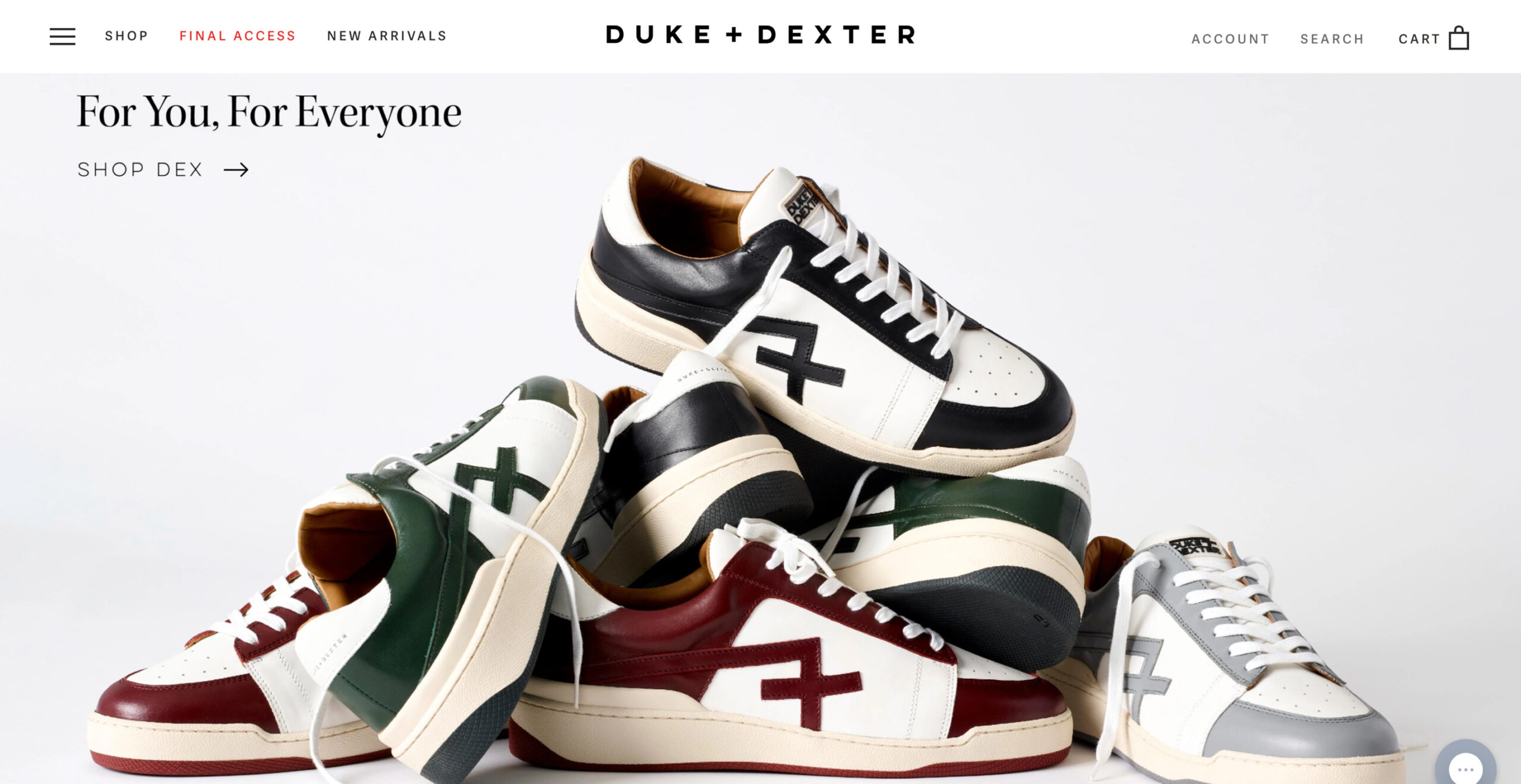 Duke + Dexter sneakers in multiple colors displayed.