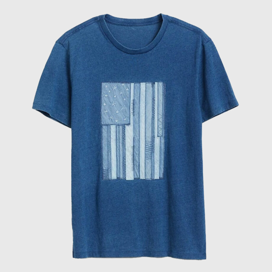 Men's T-shirt with blue stylized flag design.