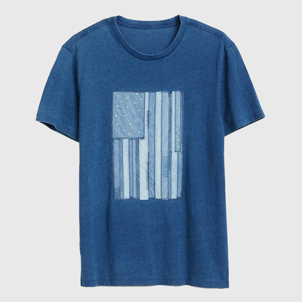 Men's T-shirt with blue stylized flag design.