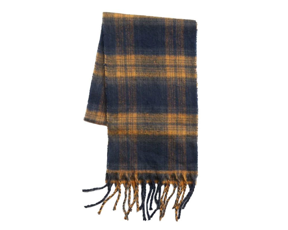 Navy blue and mustard plaid wool scarf.