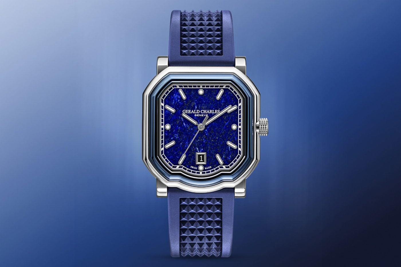 Gerald Charles Maestro 2.0 Ultra-Thin watch with lapis lazuli dial inside asymmetrical steel case.