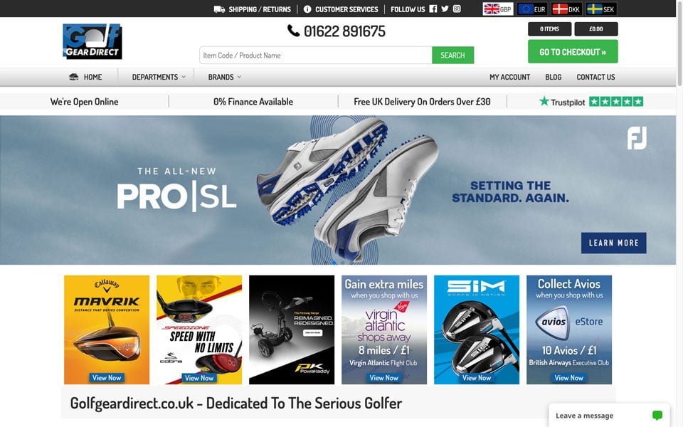 Gear Direct homepage: FootJoy shoes highlighted.