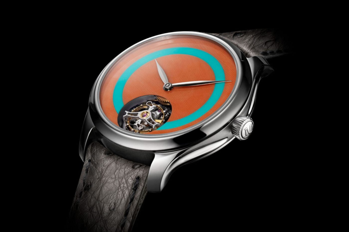 Close-up of H. Moser & Cie. Pop Collection watch featuring jade and opal stone dial at Watches & Wonders 2025.