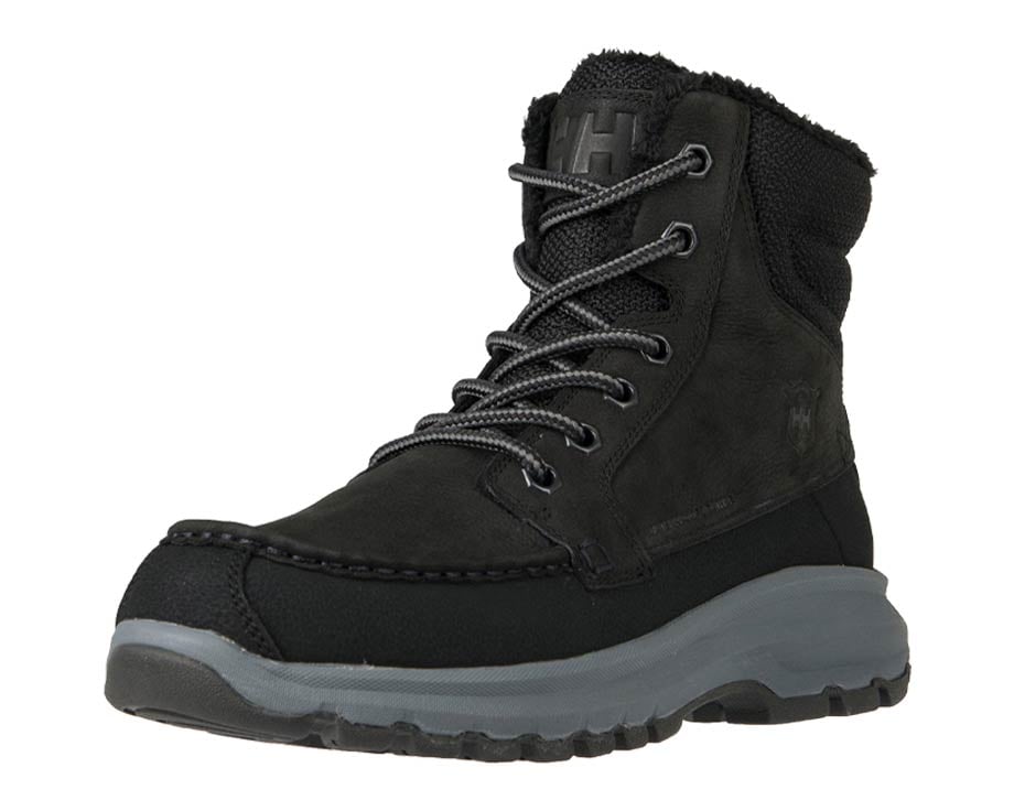 Rugged black boots with gray sole, ideal for outdoors.