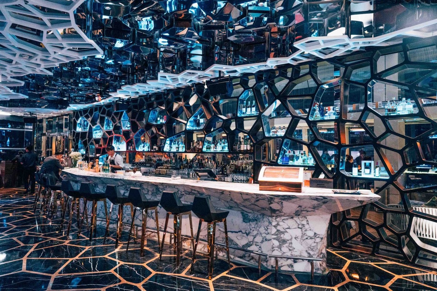 Interior of Ozone Bar at The Ritz-Carlton Hong Kong with panoramic night skyline