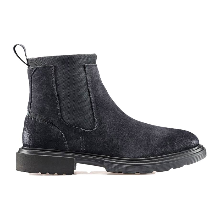 Suede black Chelsea boot with grooved sole.