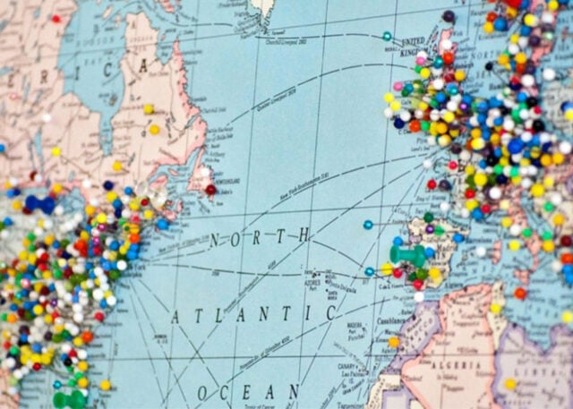 North Atlantic travel hotspots marked with pushpins.