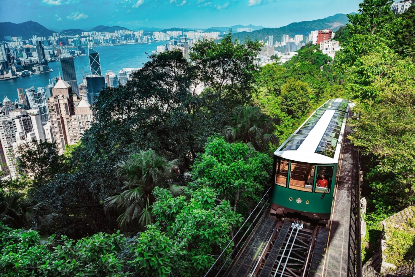 The Peak Tram travels above Hong Kong