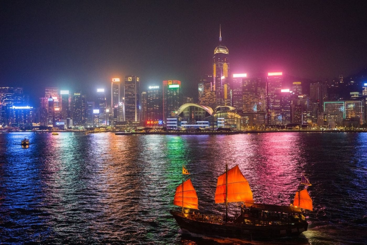 Red sails and harbour breeze, the Aqua Luna boats sail through Hong Kong