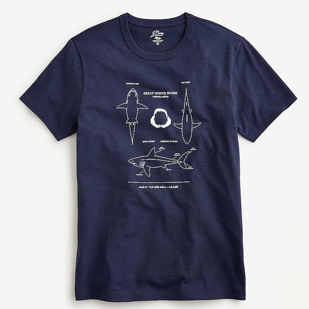 Navy T-shirt with great white shark design.