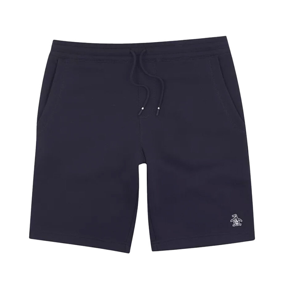 Navy blue lounge shorts with penguin logo.