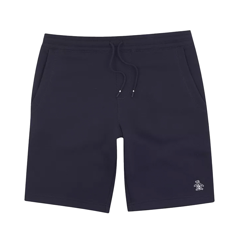 Navy blue lounge shorts with penguin logo.