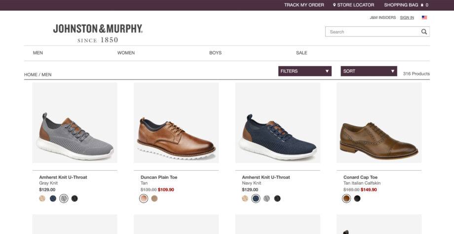 Johnston & Murphy's men's shoes online shop screenshot.