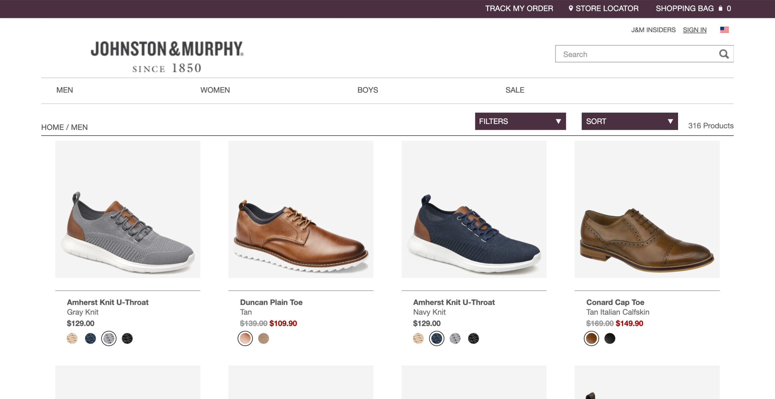 Johnston & Murphy's men's shoes online shop screenshot.
