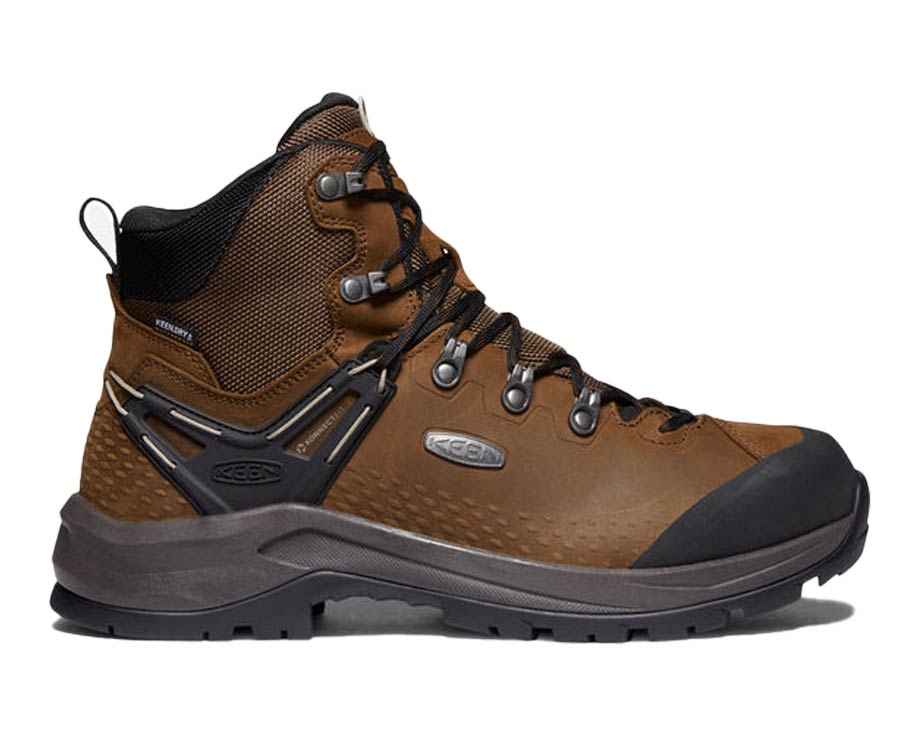 Men's brown hiking boots, sturdy design, branded.
