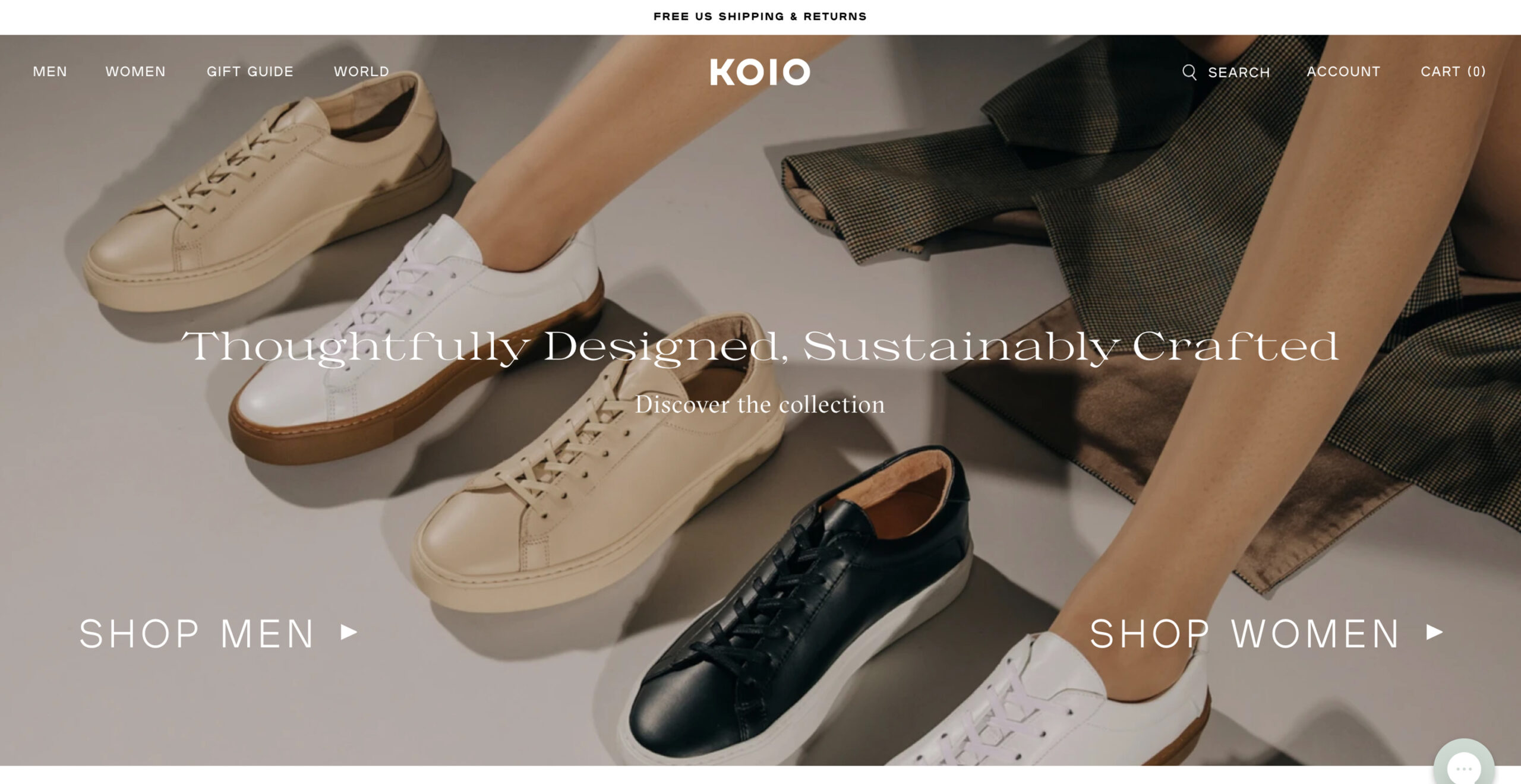 Trendy men's shoes: beige, white, black. "Thoughtfully Designed, Sustainably-Crafted.