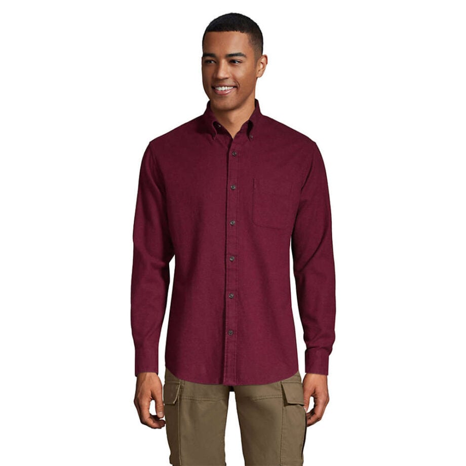 Man in burgundy shirt and olive cargo pants.