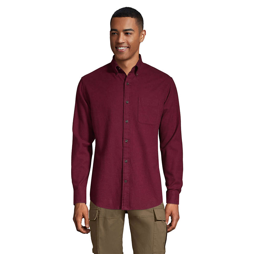 Man in burgundy shirt and olive cargo pants.