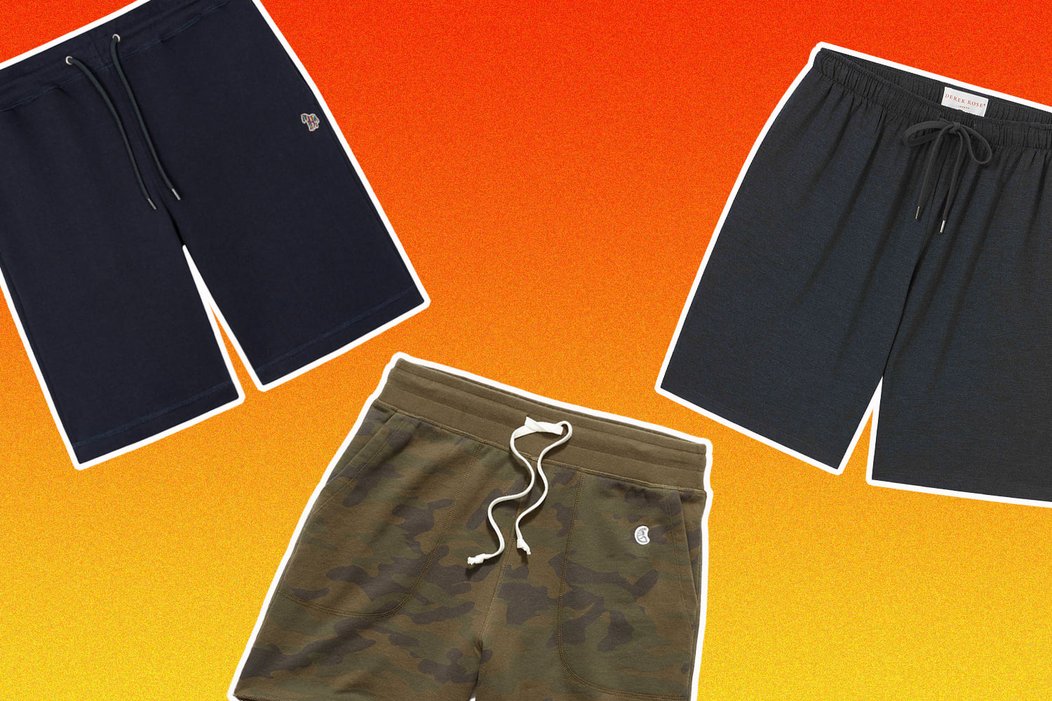 Three men's lounge shorts on orange background.