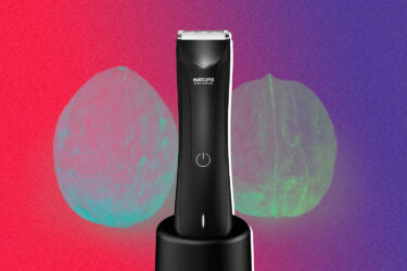 Manscaped trimmer with walnut and cabbage imagery.