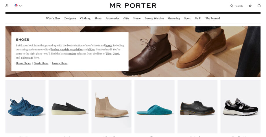 Screenshot of MR PORTER website: men's shoes selection.