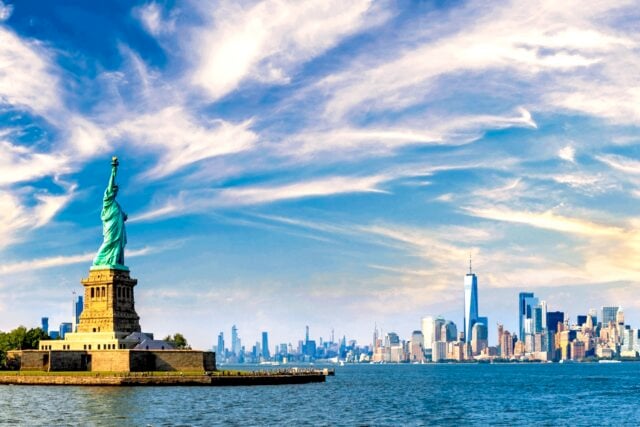 Statue of Liberty with New York skyline.