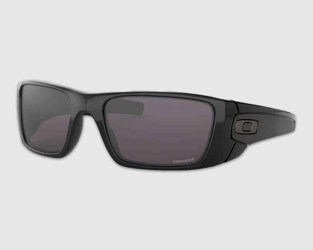 Black sunglasses with logo; stylish.