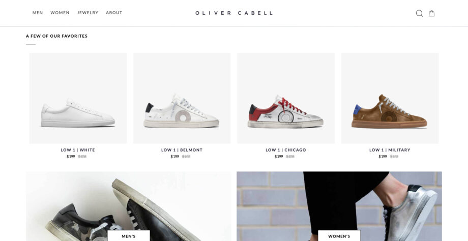 Oliver Cabell showcases men's sneakers and categories.