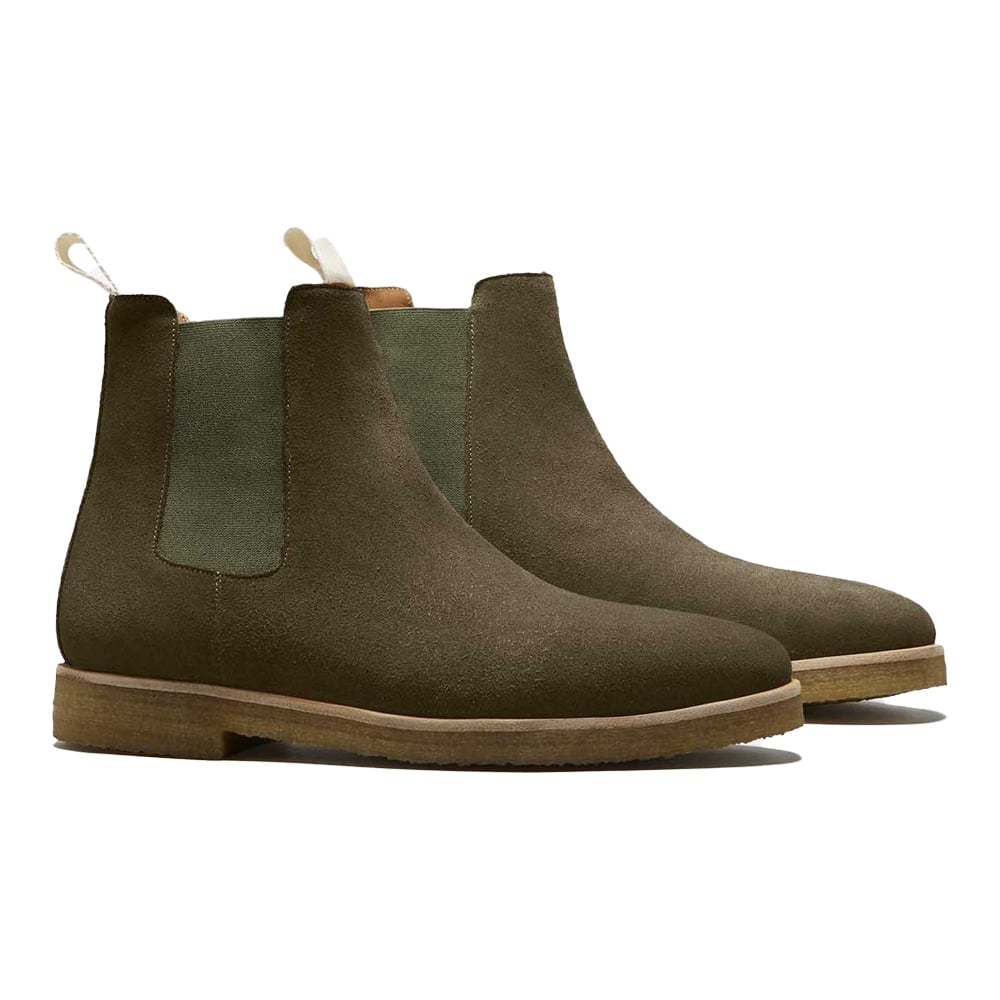 Olive suede Chelsea boots, stylish.