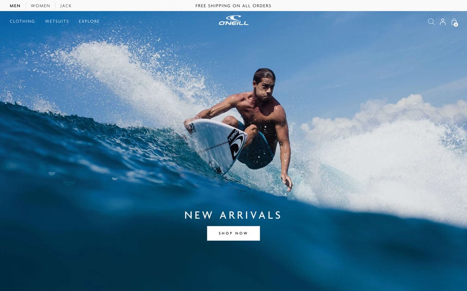 Man surfing; "NEW ARRIVALS" O'Neill.