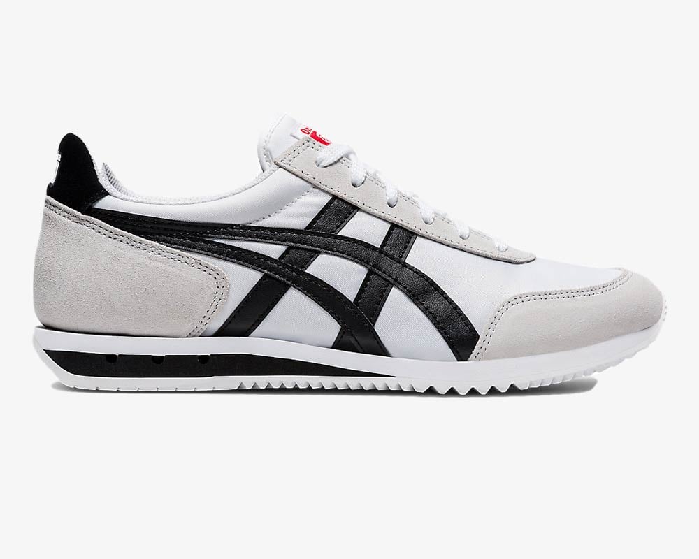 Men's walking shoe: gray, black-striped, lace-up.