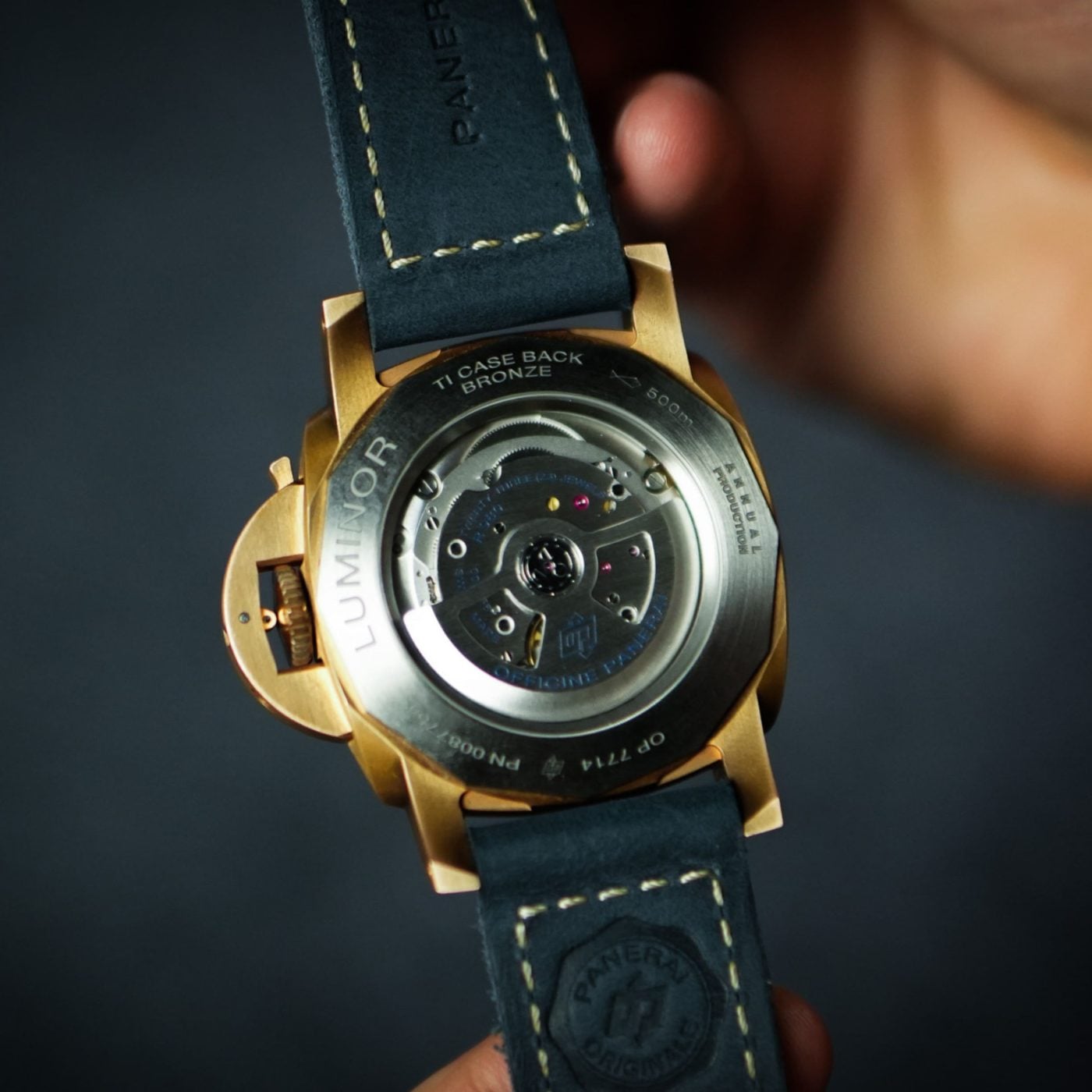 Sapphire caseback showing Panerai P.980 automatic movement