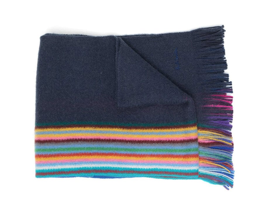 Men's dark grey scarf with colorful stripes.