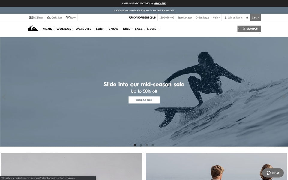 Quiksilver's homepage: surf, sale, sections.