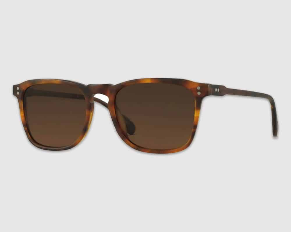 Rectangular tortoiseshell sunglasses, dark lenses.