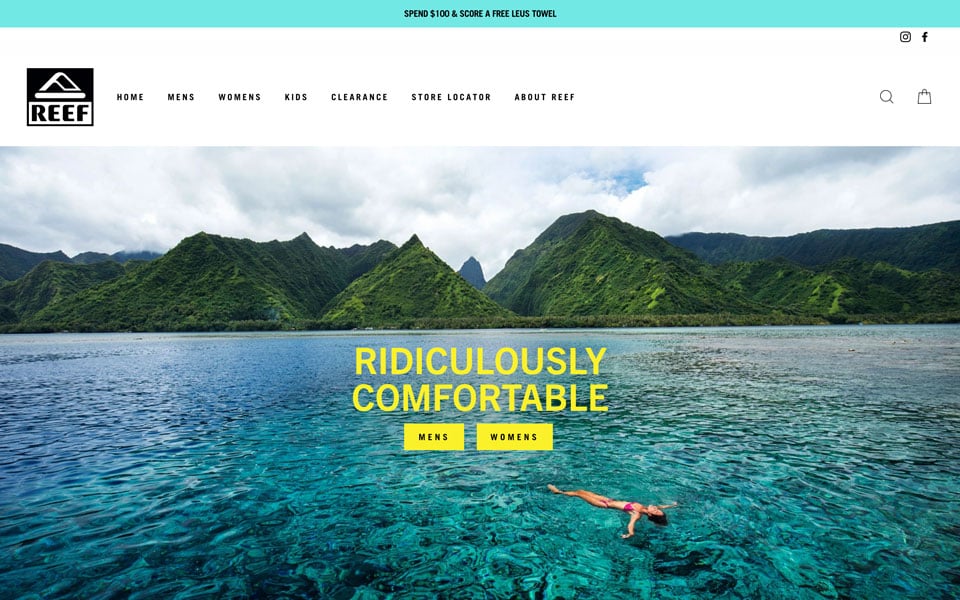 Reef homepage highlights surf deals.