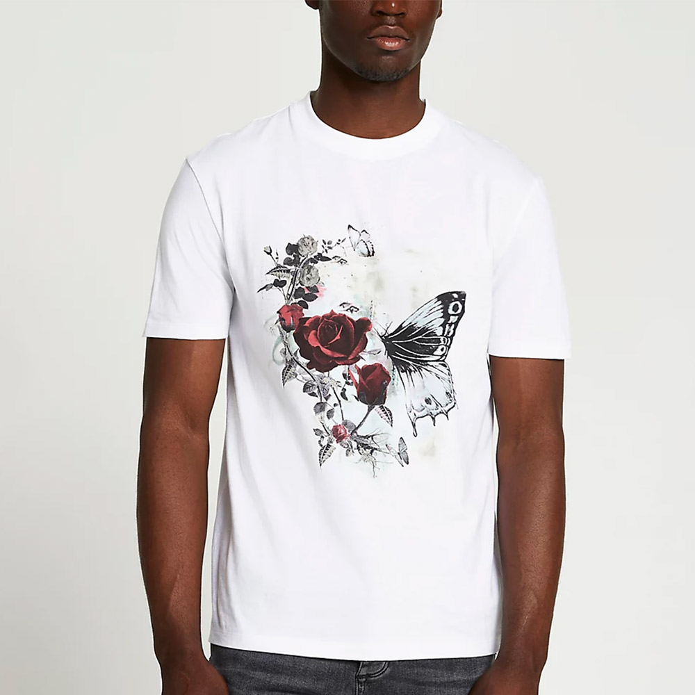 A bold men's T-shirt with rose and butterfly.