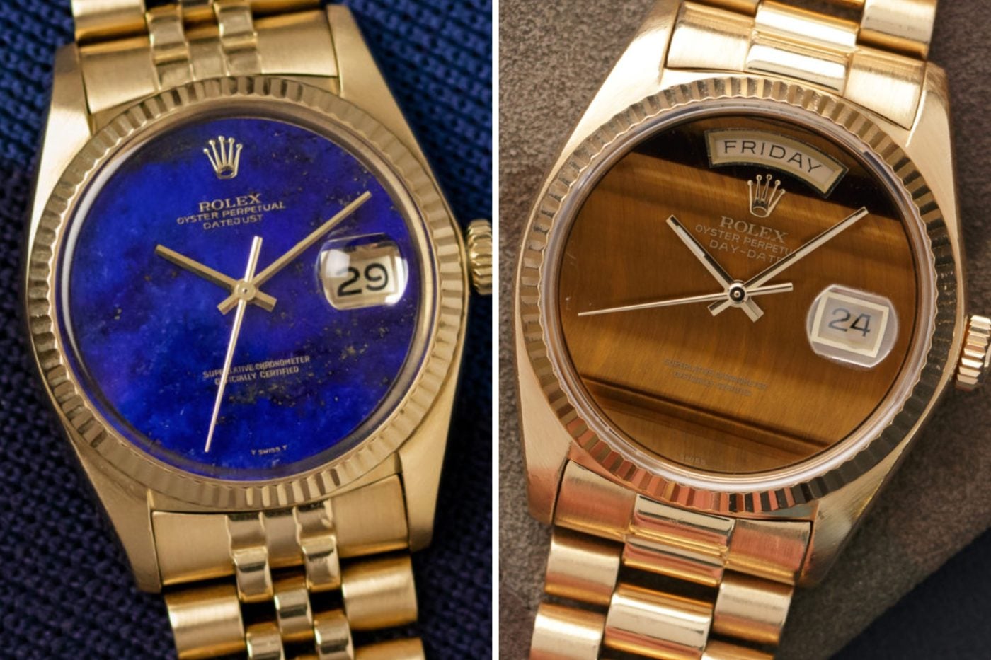 Vintage 1970s Rolex Day-Date with tiger’s eye and lapis lazuli stone dial in yellow gold case.