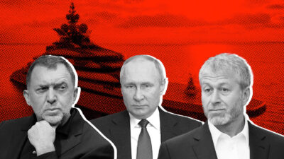 Stylized image of men near Russian superyacht.