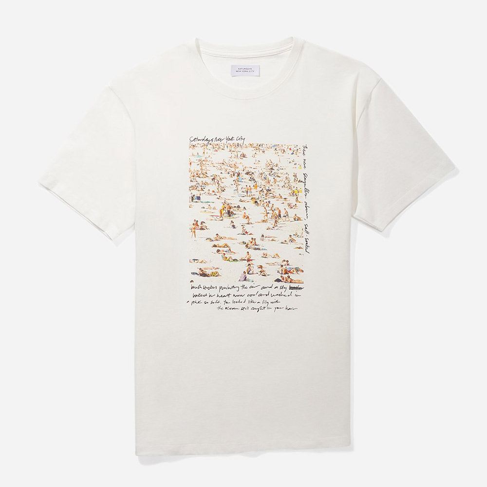 Get our vibrant white men's T-shirt featuring beach design.