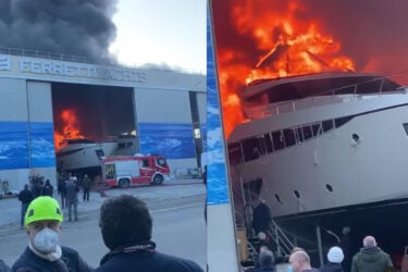 Superyacht on fire at Ferretti Yachts shipyard.