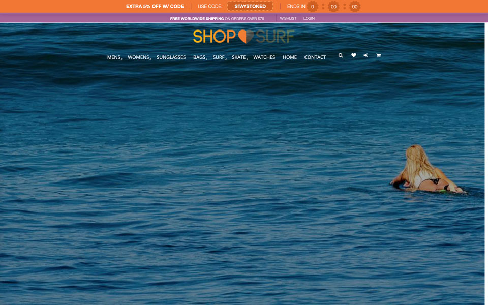 Blonde surfer; categories, promo banner.