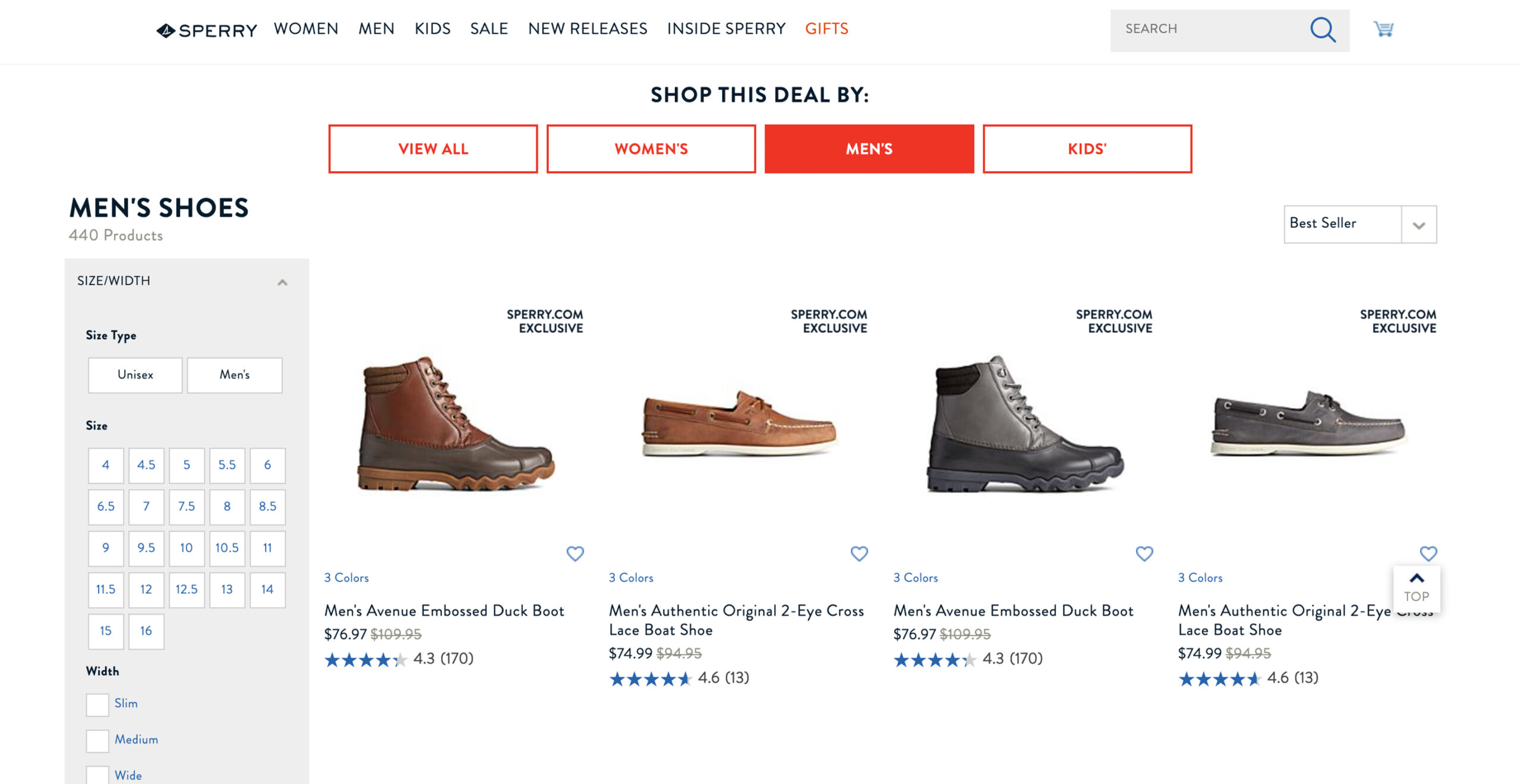 Sperry webpage: men's shoes, filter options available.