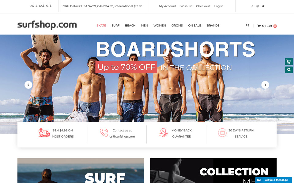 Surfshop.com homepage: boardshorts 70% off.