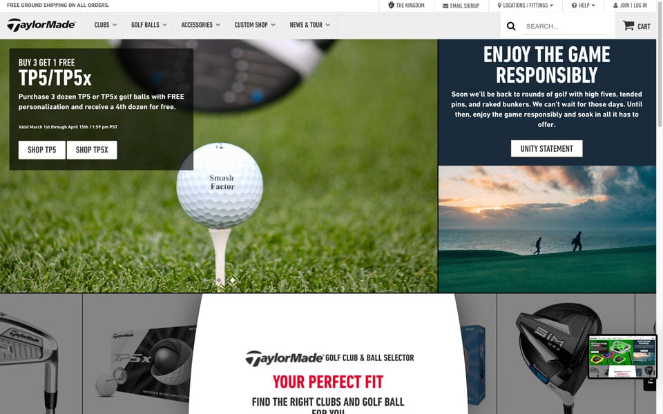 TaylorMade homepage highlights golf deals.