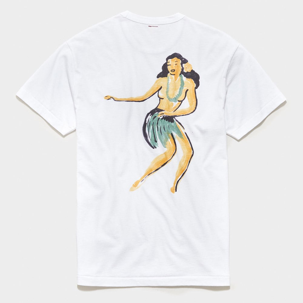 White T-shirt with hula girl design.