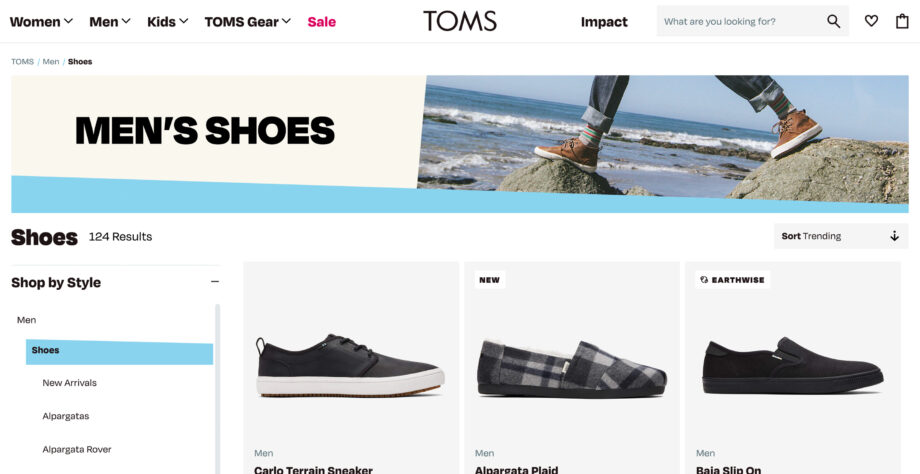 TOMS website highlights men's shoes like Carlo.