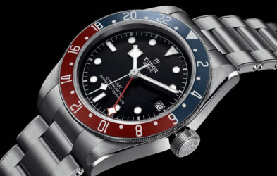 2018 watch: steel, black dial, red-blue bezel.