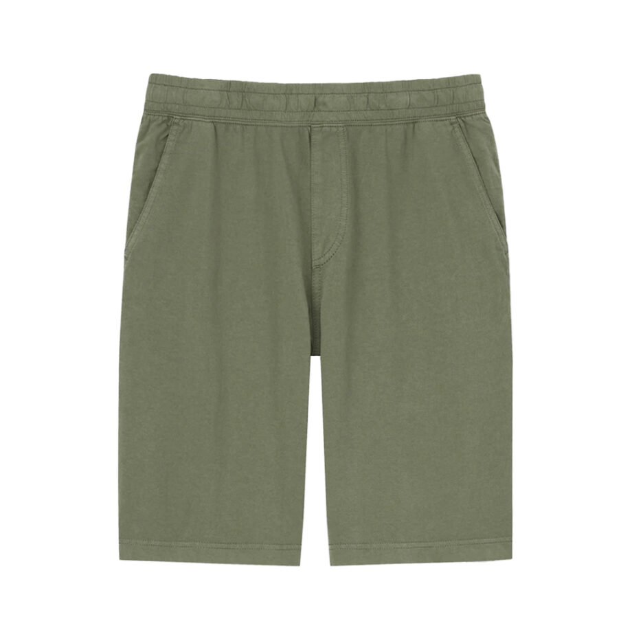 Olive green shorts with elastic waistband and pockets.